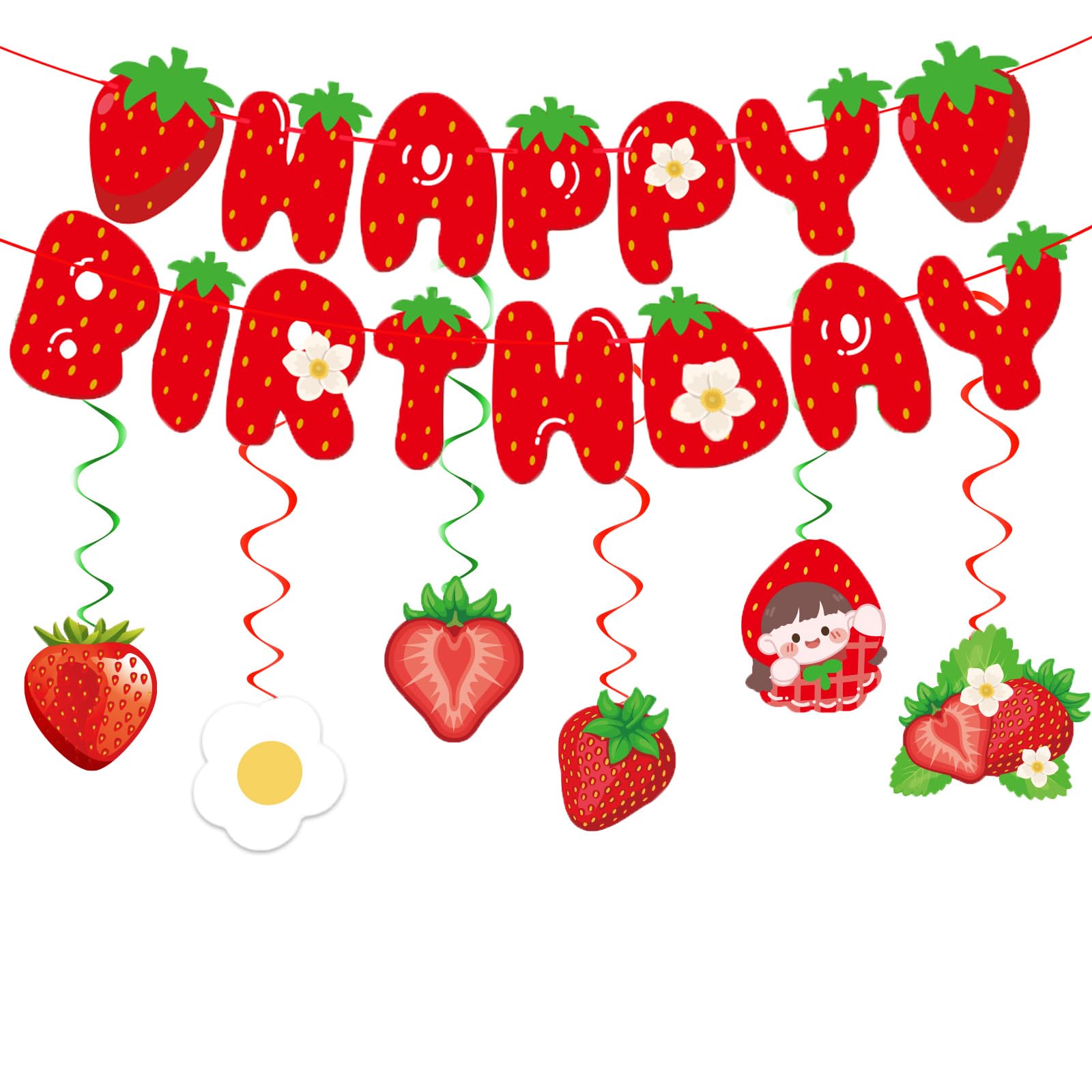 Strawberry Birthday Decorations for Girls, Berry Birthday Decor - Strawberry Happy Birthday Banner with Hanging Swirls for Berry Sweet Birthday Baby Shower Party Supplies