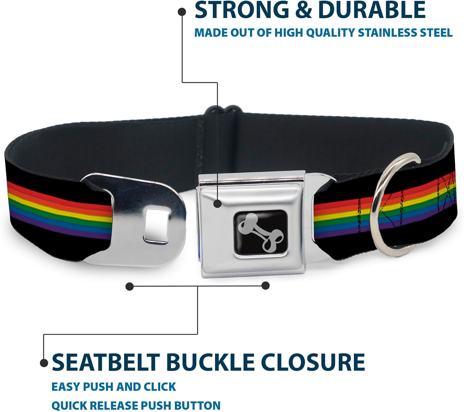 Dog Collar Seatbelt Buckle Stripe Black Rainbow 18 to 32 Inches 1.5 Inch Wide