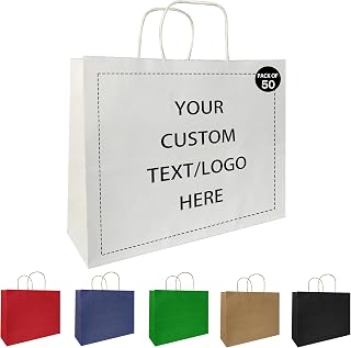 Generic Custom Printed Paper Bags, 50 PCS Kraft Gift Bags, Size 12.6' x 9.8' x 4.3', Brown Shopping Bags with Handle, Eco-friendly, Perfect for Multiple Occasions