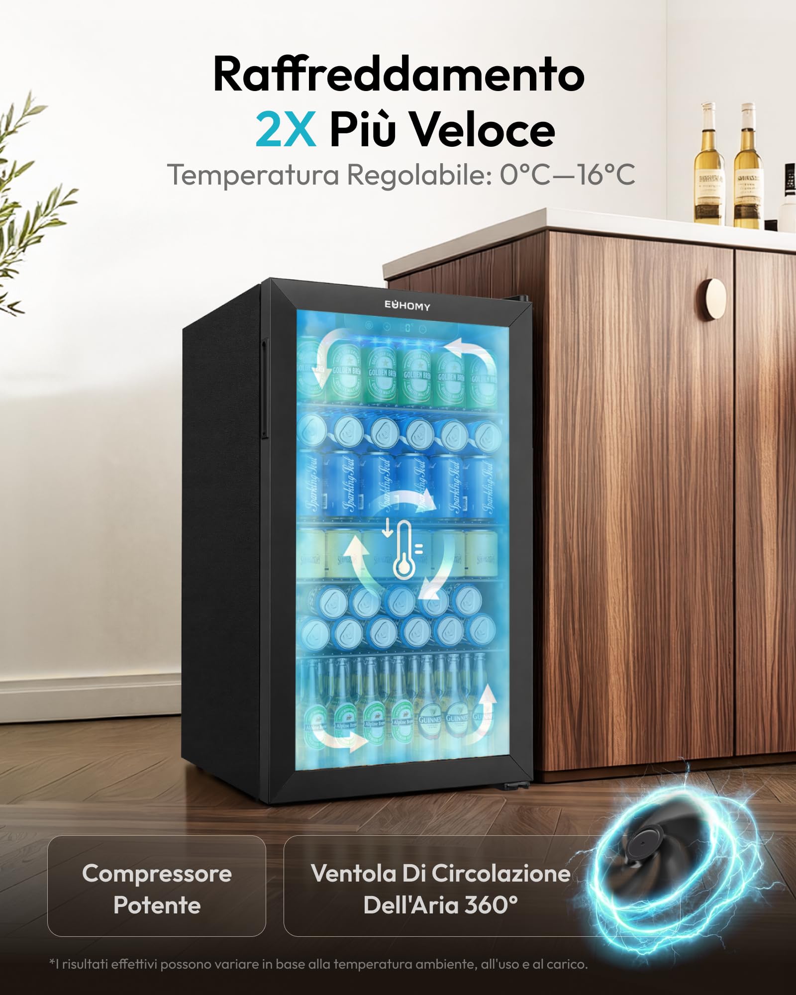 EUHOMY Frigorifero per bevande, mini frigo per 126 lattine con porta in vetro, piccolo frigorifero con ripiani regolabili per limonata, birra o vino, perfetto per casa/bar, ufficio, nero
