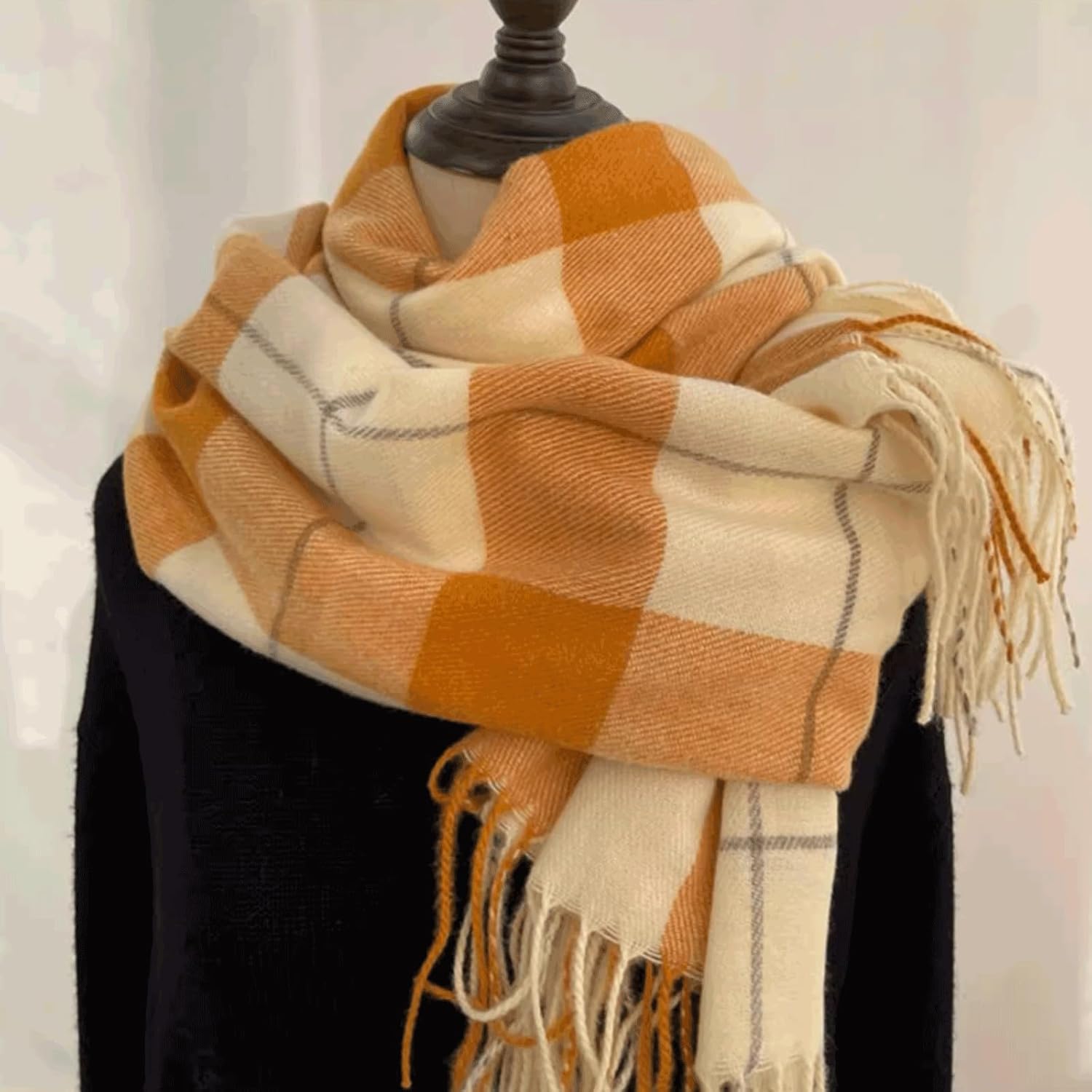 Polyester Scarf with Fringed Edges Fashion Tartan Shawl Thickened Scarves Cold Weather Neck Scarf Breathable Soft Wraps