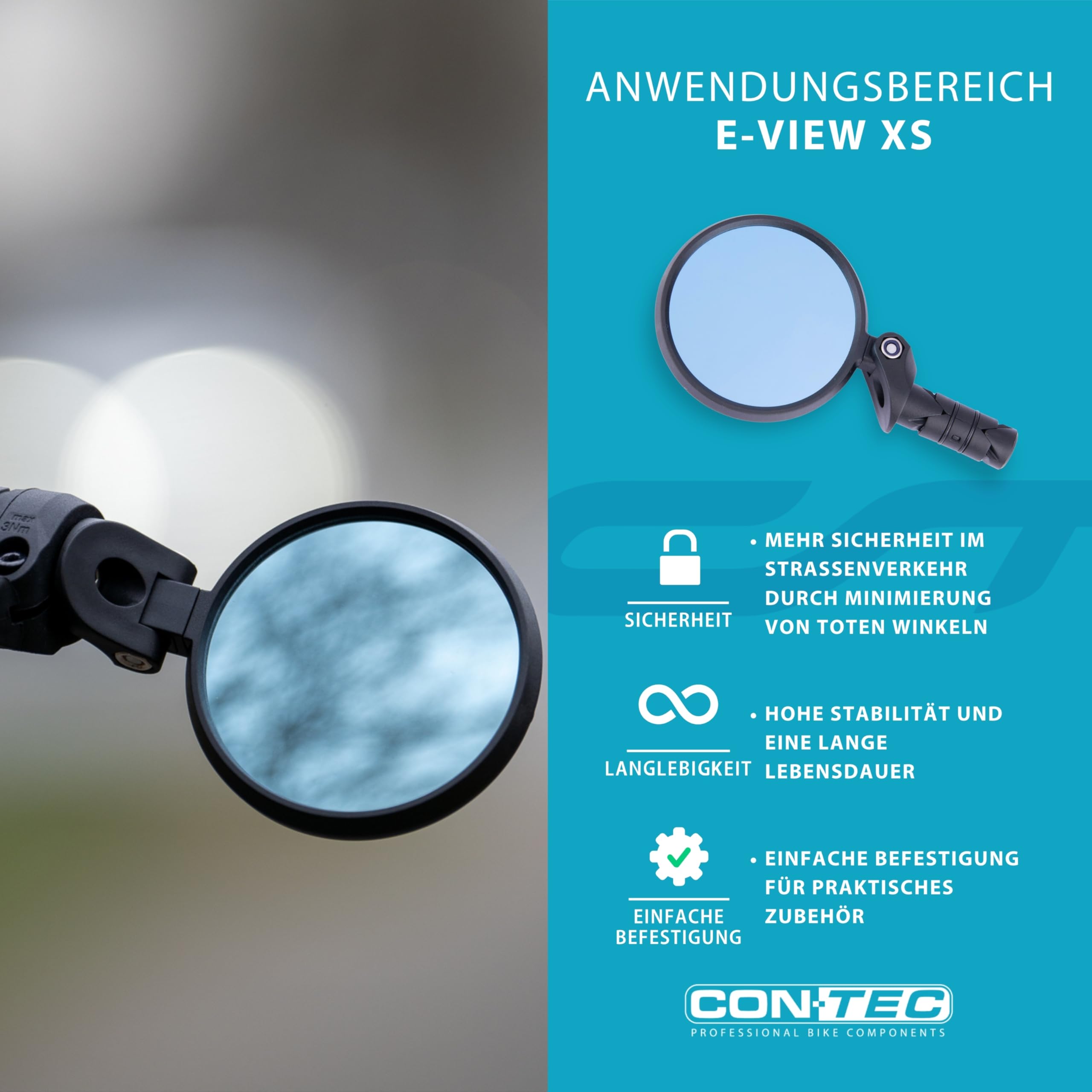 CONTEC E-View XS Fahrradspiegel, E-Bike Rückspiegel mit Edelstahllinse Ø 62 mm, Glare oder Dazz Linse, Lenker-Innenklemmung Ø 16 mm, rechts & links montierbar, robust & schwarz