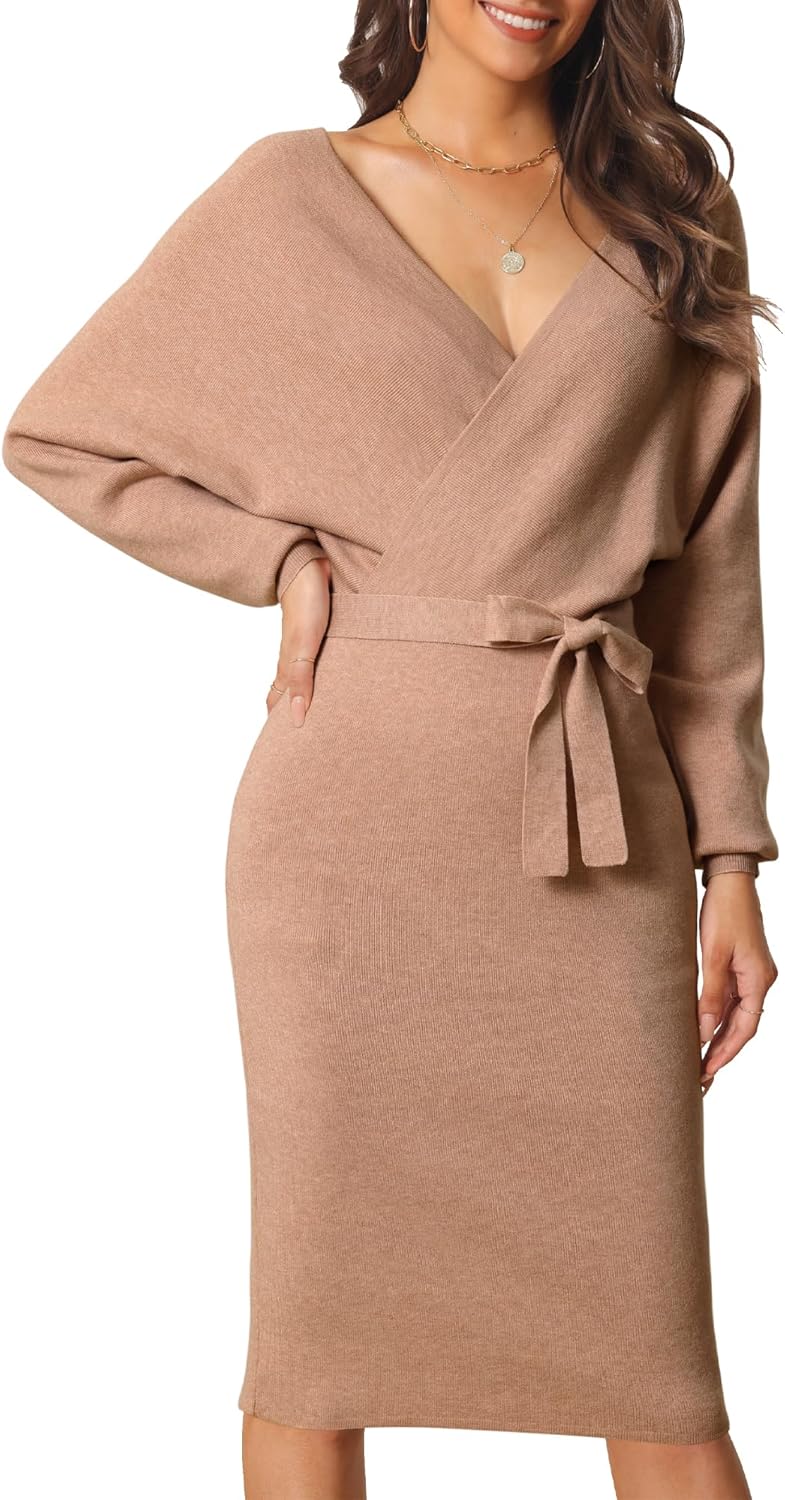 Seta T Women's V Neck Sweater Dress Batwing Sleeve Wrap Backless Knit Fall Midi Dress with Belted