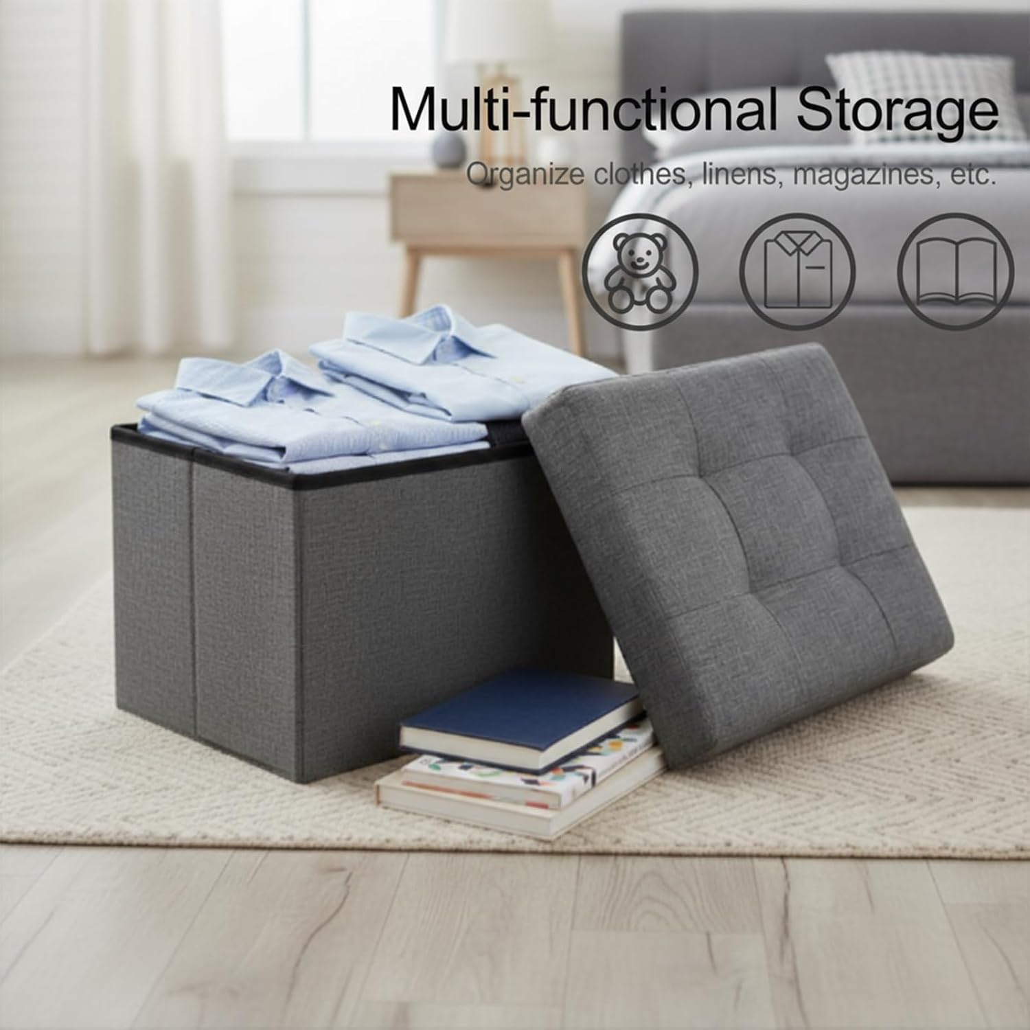 Storage Ottoman,Folding Ottomans with Storage,Linen Ottoman Foot Rest with Pocket,Foot Stool with Thicker Foam Padded for Living Room,Bedroom,Office,Dorm,287 lb Load Capacity,17x13x13in,Grey