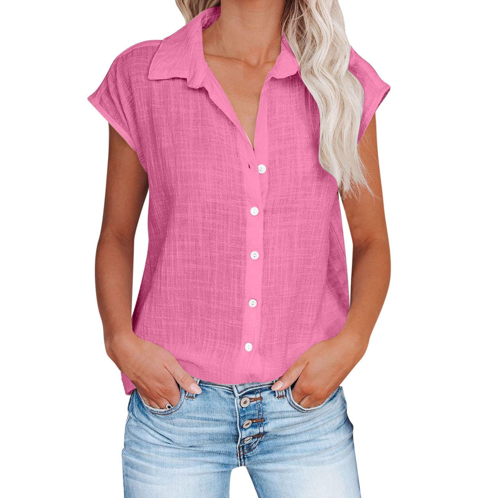 Bluse Damen Sommer Leinenbluse Kurzarm V-Ausschnitt Musselin Bluse Oberteile Button Down Leinenhemd Revers Kragen Arbeit Blusenshirt Elegant Baumwolle Leinen Shirt