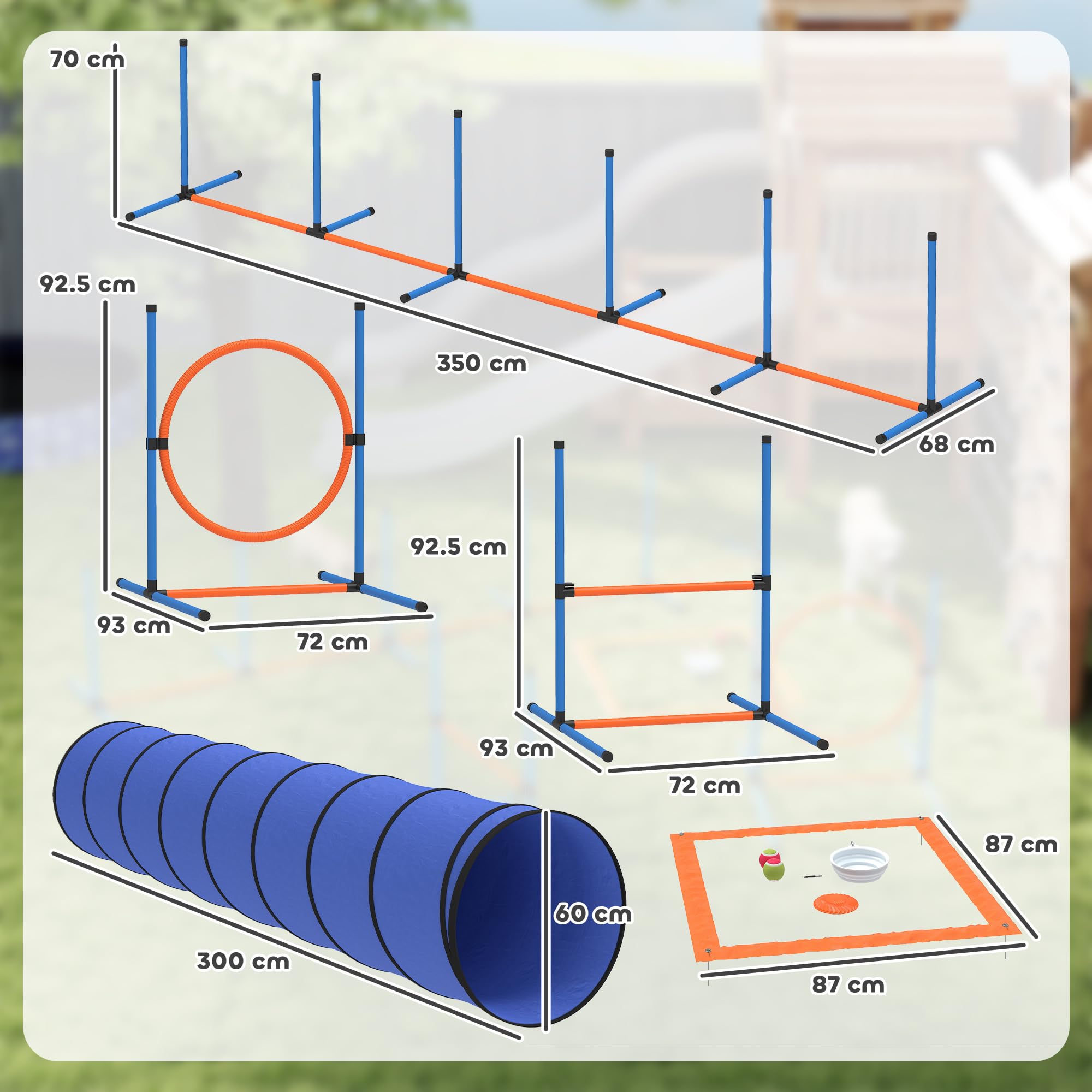 PawHut Zestaw do treningu psów dla Agility 8-częściowy zestaw tuneli | Regulowane przeszkody, pierścień do skakania, platforma do przerwy, miska, zabawka, torba do noszenia, do ogrodu