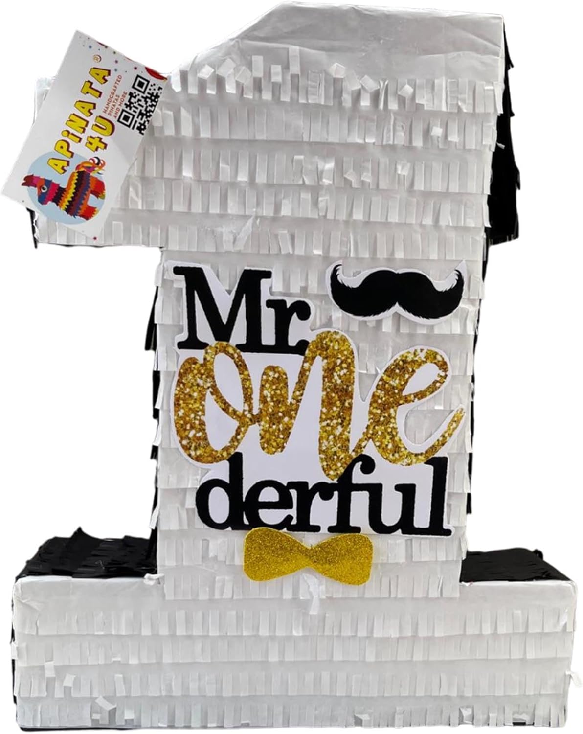 APINATA4U Number One Pinata, Mr. One Derful Birthday Party Celebration, Gold Glitter Fun Supplies, White and Black Party Decorations, Gift for Kids on 1st Birthday, 20x16x4 Inches