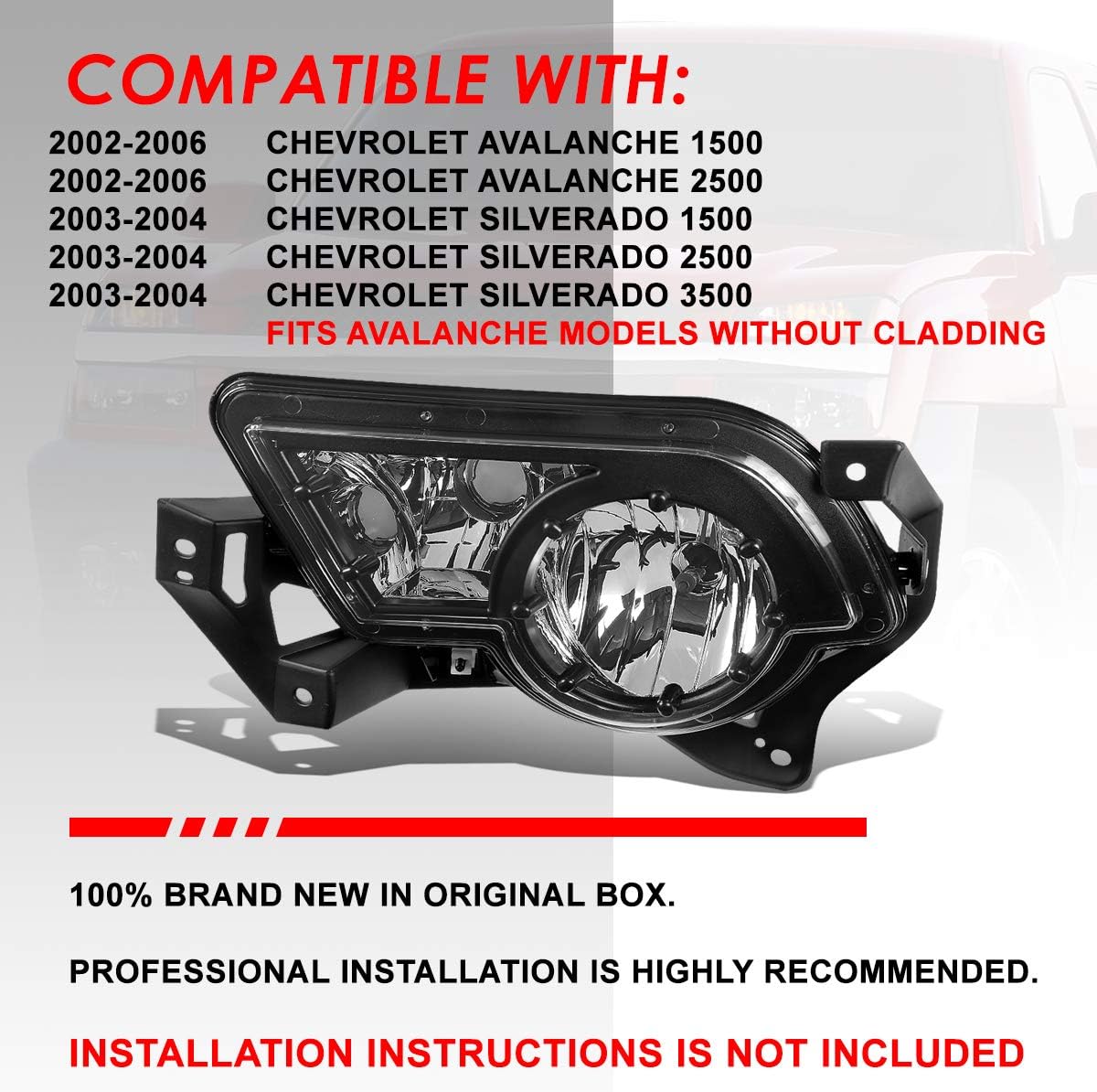 Auto Dynasty Pair Crystal Lens Front Bumper Driving Fog Light Lamps w/Cladding Compatible with Chevy Avalanche 1500 2500 GMT805 02-06