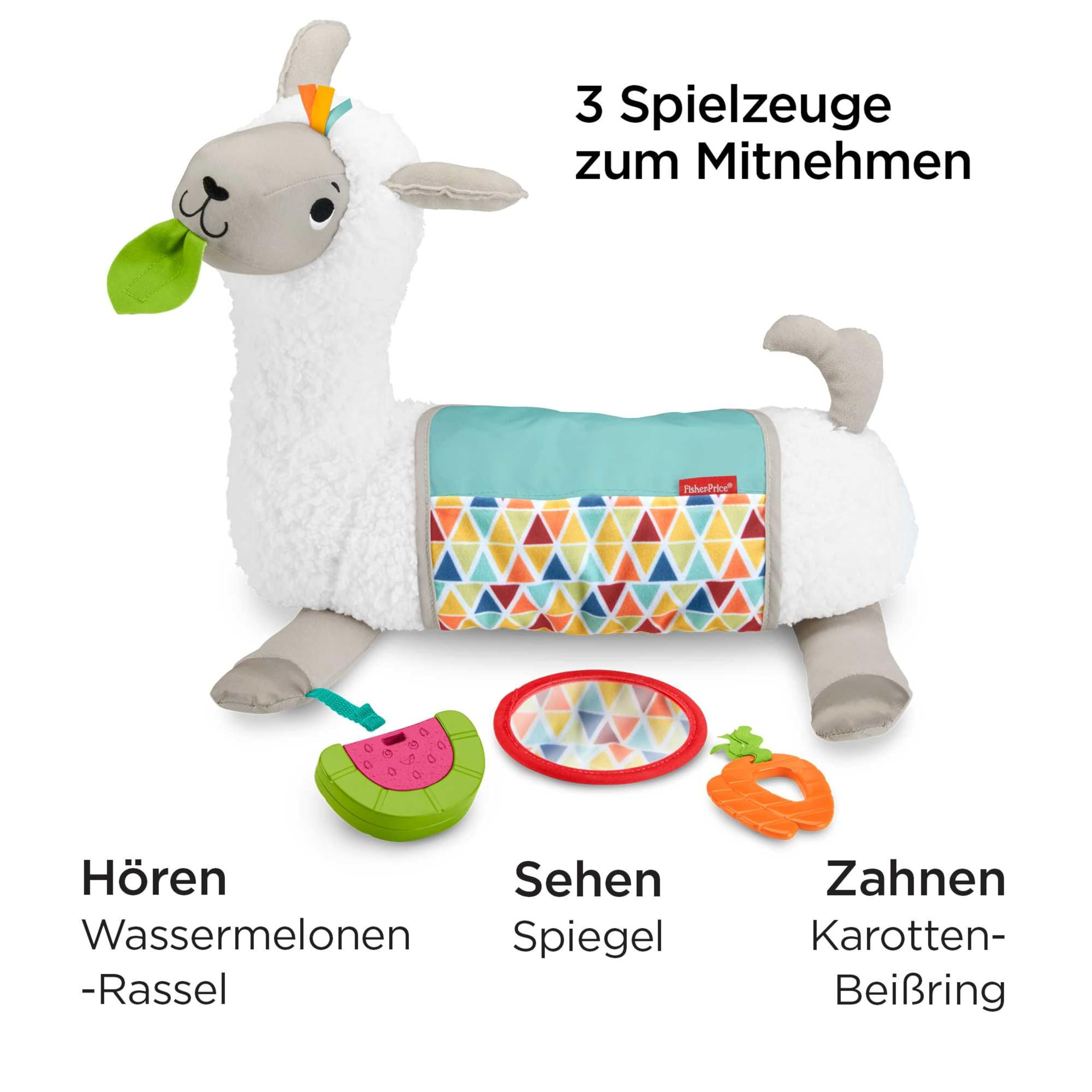 Fisher-Price 4-in-1 Lama Spielkissen zum Spielen in Bauchlage, mit 4 Spielmöglichkeiten, 3 Mitnehm-Spielzeugen und beidseitig bedruckter weicher Decke, für Babys ab der Geburt, GLK39