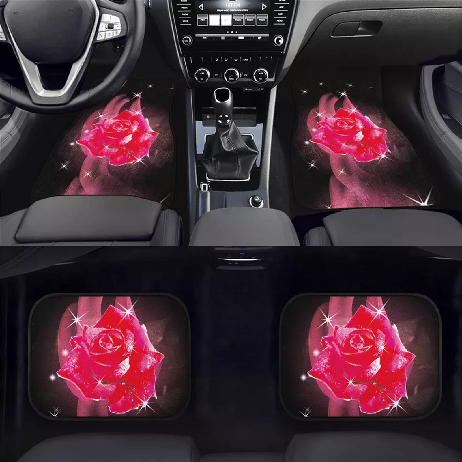 Bling Rose Print Fashion Car Floor Mat dywan, zestaw 4 sztuk, uniwersalne dopasowanie do samochodów, SUV-ów, vanów i ciężarówek, wszystkie pory roku, ochrona podłogi, akcesoria do wnętrza samochodu