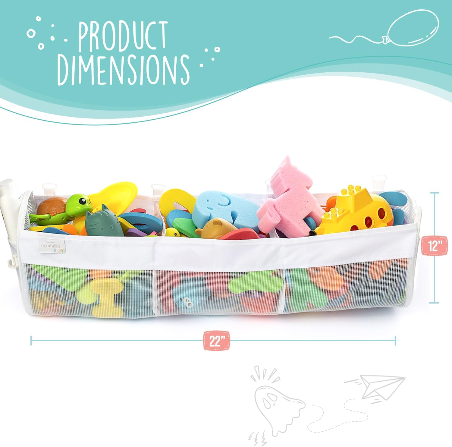 Comfylife Large Bath Toy Organizer – 3 Compartment Bath Toy Holder for Bathtub & Shower – Quick-Dry Mesh with 4 Strong Adhesive Hooks – Kids Toys Storage Net for Bathroom, shower & Tub