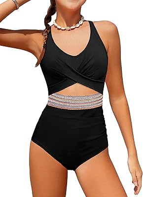 Girls Swimsuit Criss Cross Cutout One Piece Bathing Suit Color Block V Neck Back Tie Swimwear 9-16Y