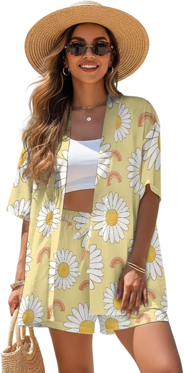 Women's 2 Piece Outfits Summer Shirt Set Kimono Style Shirts and Shorts Beach Sets