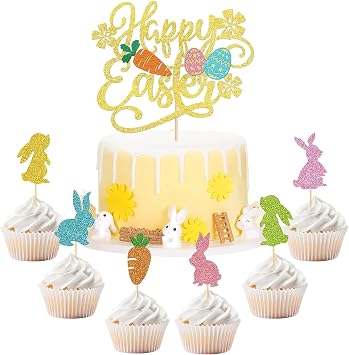 13 Pcs Easter Cake Decorations, Easter Cake Toppers with Carrot, Egg and Rabbit, Bunny Cupcake Toppers for Theme Party Desserts Decoration