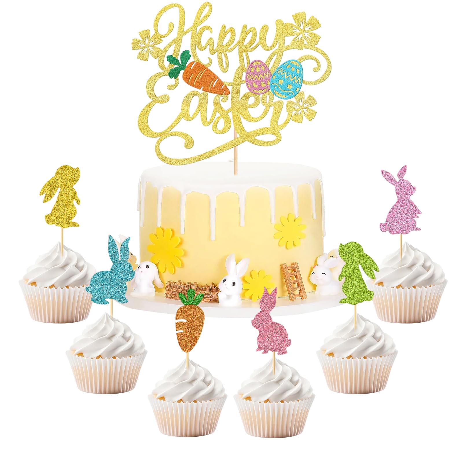 KBSICWO 13 Pcs Easter Cake Decorations, Easter Cake Toppers with Carrot, Egg and Rabbit, Bunny Cupcake Toppers for Theme Party Desserts Decoration