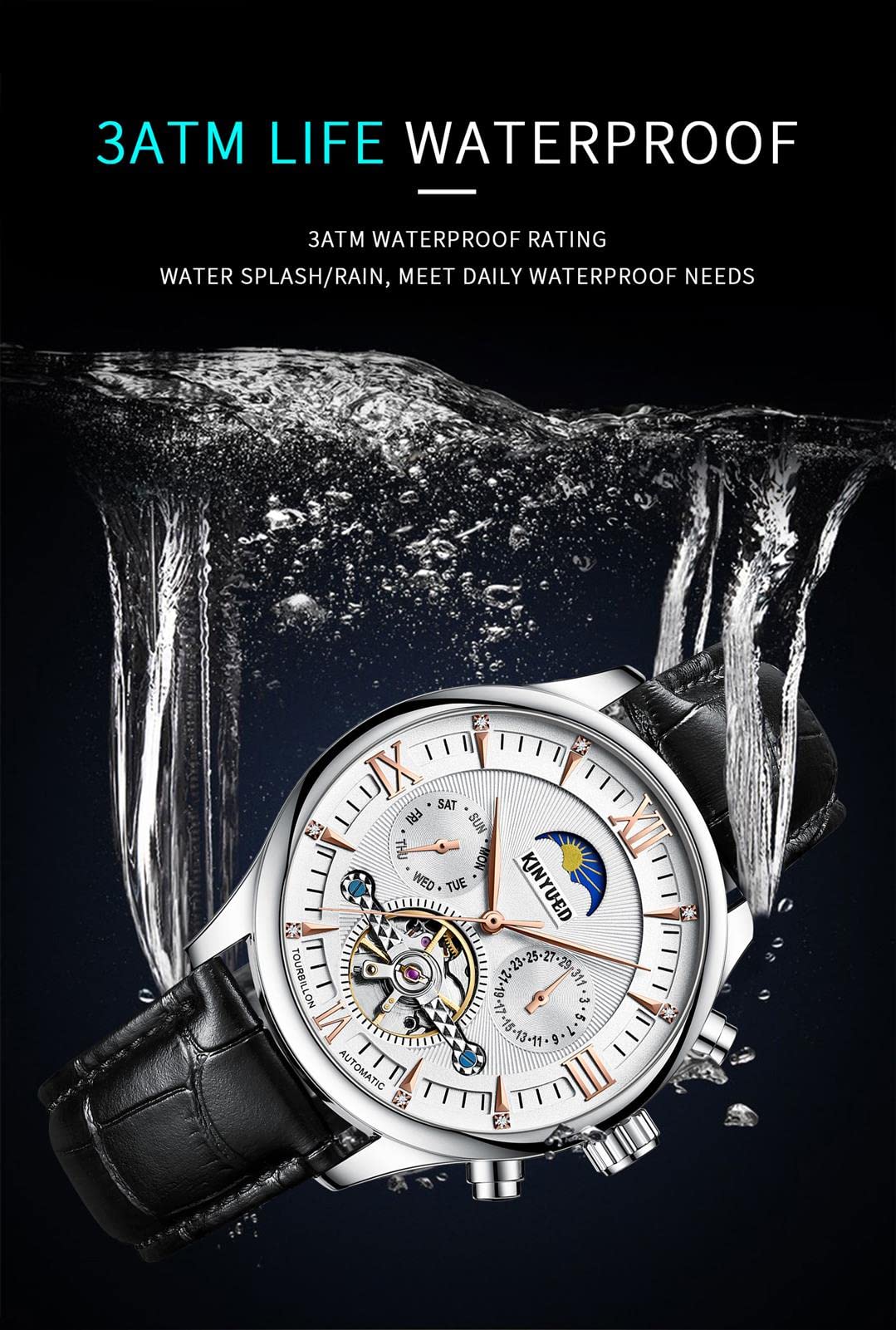 Orologio Meccanico Automatico Uomo Lusso Con Tourbillon E Fasi Lunari – Acciaio Inox Impermeabile, Calendario