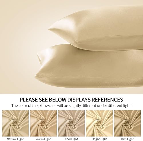 Miniatura 2 de YUHX Juego de 2 fundas de almohada de satén de seda para cabello y piel, color champán, tamaño estándar, fundas de almohada suaves y sedosas con