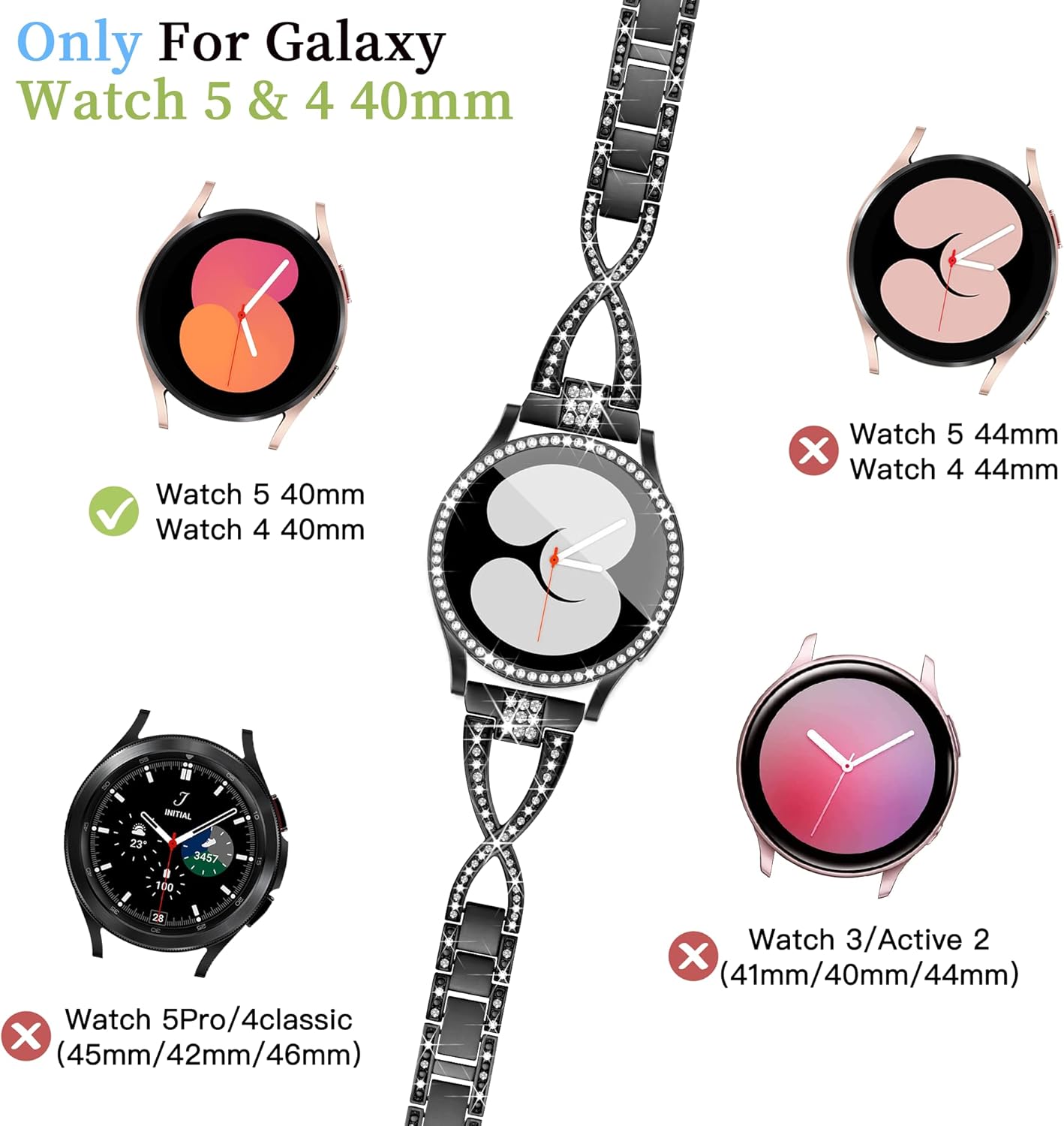 X-Shape Band for Samsung Galaxy Watch 5 Band & Galaxy Watch 4 Band 40mm + Screen Protector Case, Women Samsung Watch Bands & Cover (Black)