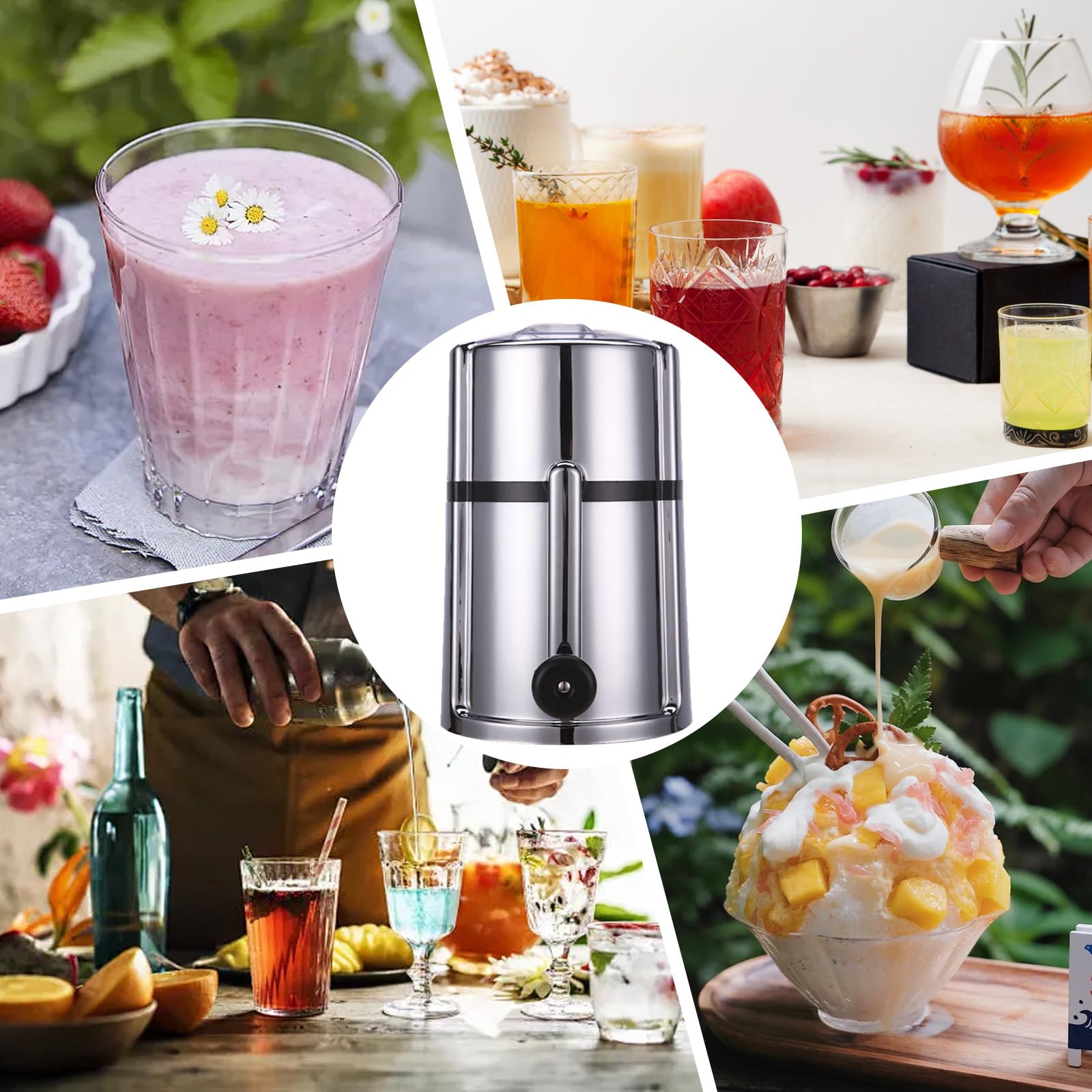 Broyeur à glace manuel en acier inoxydable - Broyeur à glace portable avec pelle à glace - Broyeur à glace pour smoothies, cocktails - Conserve la fraîcheur - Capacité : 1,1 l