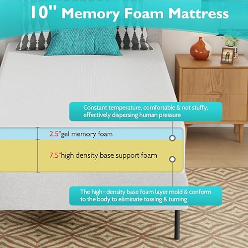 Miniatura 4 de FDW Colchón de espuma viscoelástica de gel individual XL de 10 pulgadas, colchón de firmeza media para un sueño fresco, alivio de presión,