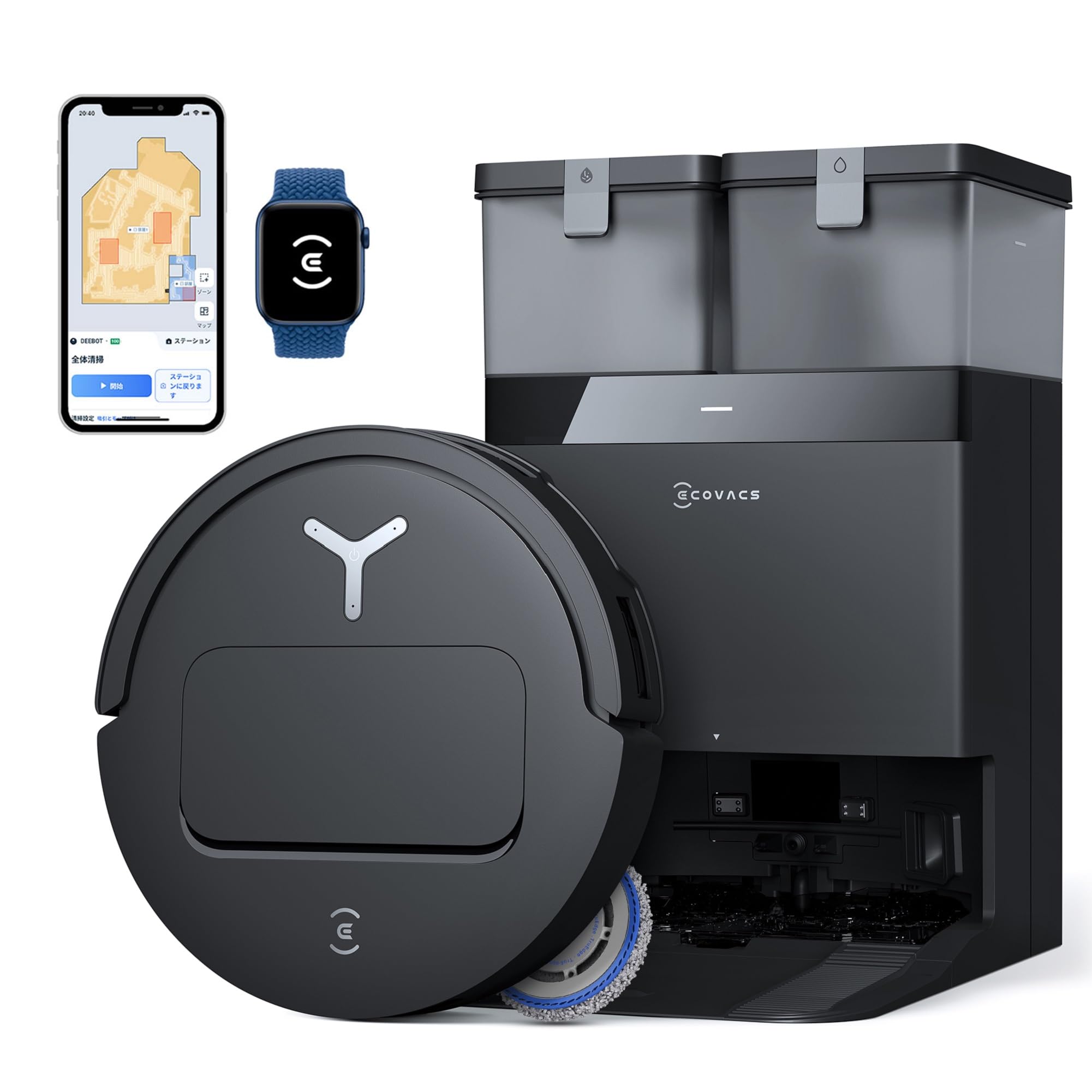 ECOVACS(エコバックス)【超薄全能型】T50 OMNI ロボット掃除機 15000Pa強力吸引 加圧回転式デュアルモップ 水拭き 両用 毛絡まない モップ洗浄 自動ゴミ収集 高精度マッピング お掃除ロボット ブラック