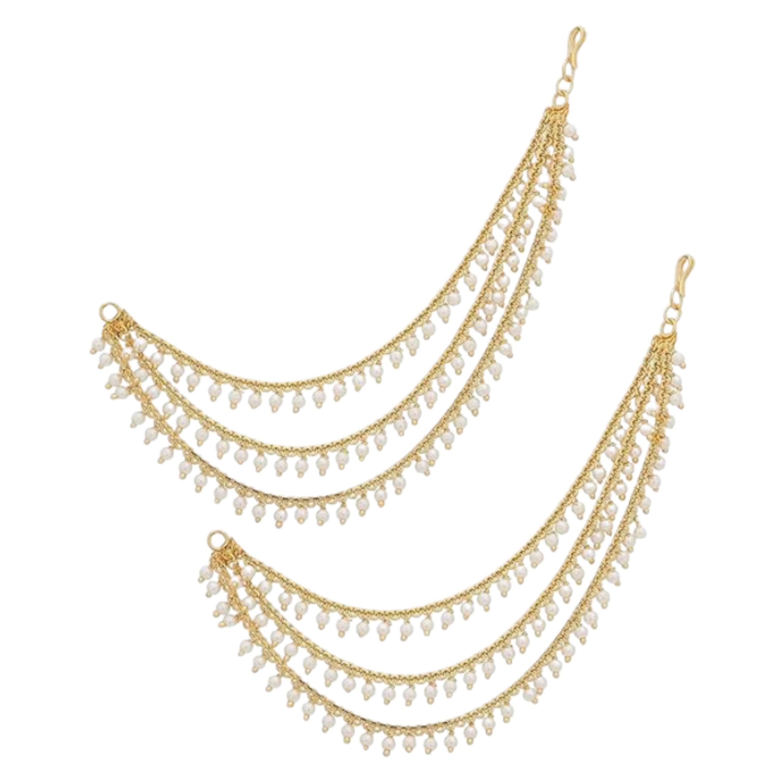 WORLD CRAZE Brass Copper Gold kanchain 3 Layer Long Bridal Wedding ear kanchain | Traditional Wedding Bridal Gold-Plated Multi-Layered Pearl Sahara Ear Chains Kanoti Moti Pearl for women girls