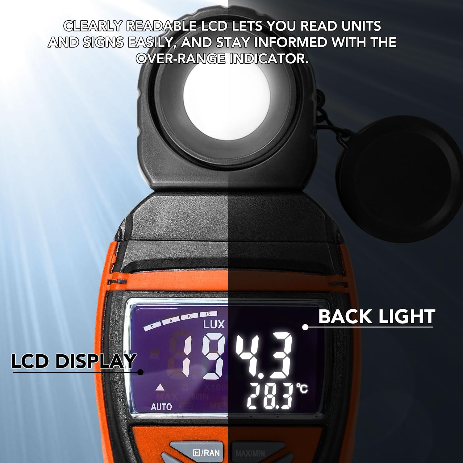 AIOMEST Numérique Luxmeter Photomètre portable 0,1 ~ 400,000 lux avec données, détecteur rotatif à 270° avec écran LCD pour plantes, bureau, éclairage LED, AI-8801B (orange)