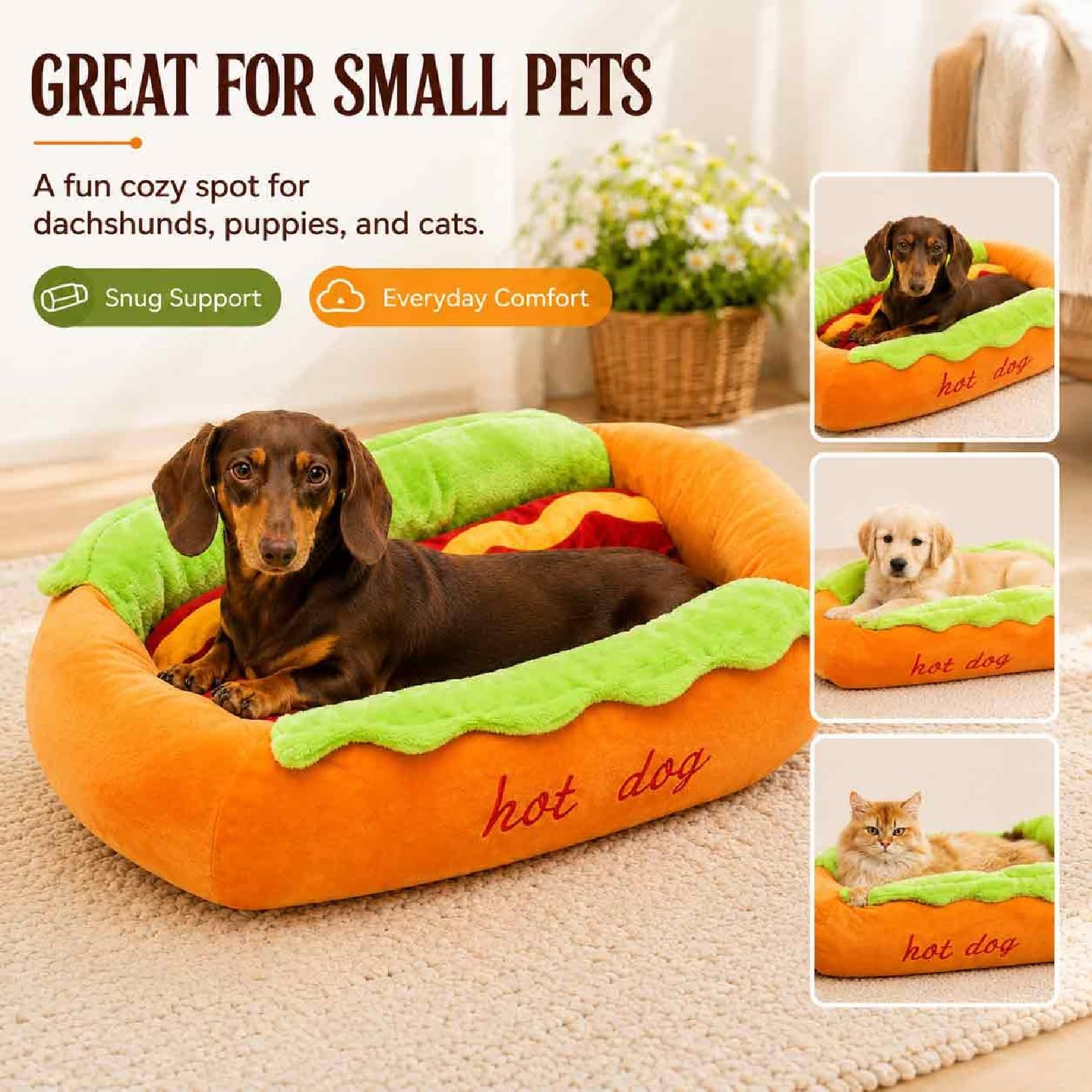 Generisch Łóżko hot dog dla jamnika, śliczny pluszowy hot dog kok z wyjmowaną podkładką do prania, gniazdo na sofę do użytku wewnątrz (łóżko dla hot dog, M)