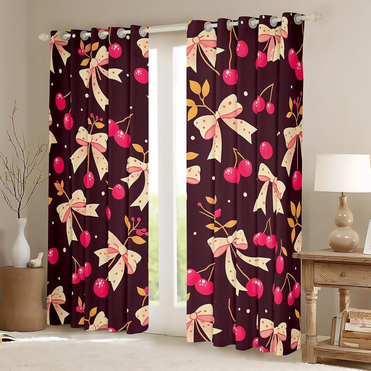 Feelyou Boys Girls Pink Bowknot Darkening Drapes Dreamy Princess Blackout Curtains Cute Cherry Window Curtains Kids Watercolor Bow Window Treatments Bedroom Decor (2 Panels, 52 x 90 Inch)