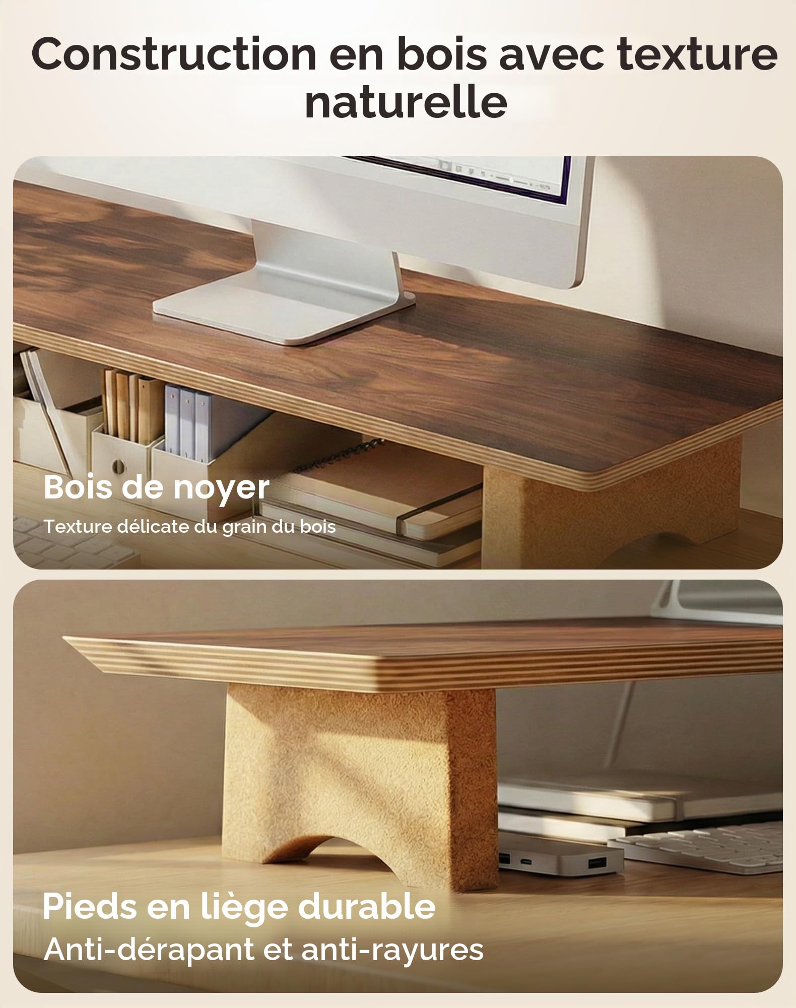 Aothia Grand Support pour écran d'ordinateur, Colonne Montante en Bois avec Pieds en liège durables pour Ordinateurs Portables/Ordinateur/TV/PC, Organisateur Parfait pour Bureau/Maison (Noyer, Grand)