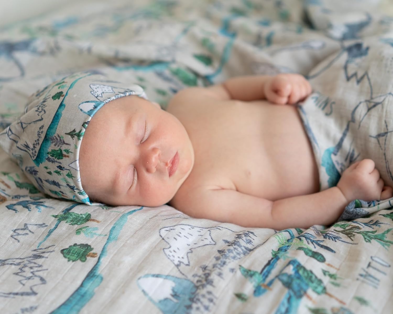 Miaoberry Mountain Baby Organic Muslin Swaddle Blankets for Baby Boy with Hat and Wooden Hello World Newborn Sign, Adventure Forest Theme, Newborn Photography Outfits Boy, Birth Announcement Sign - Image 4