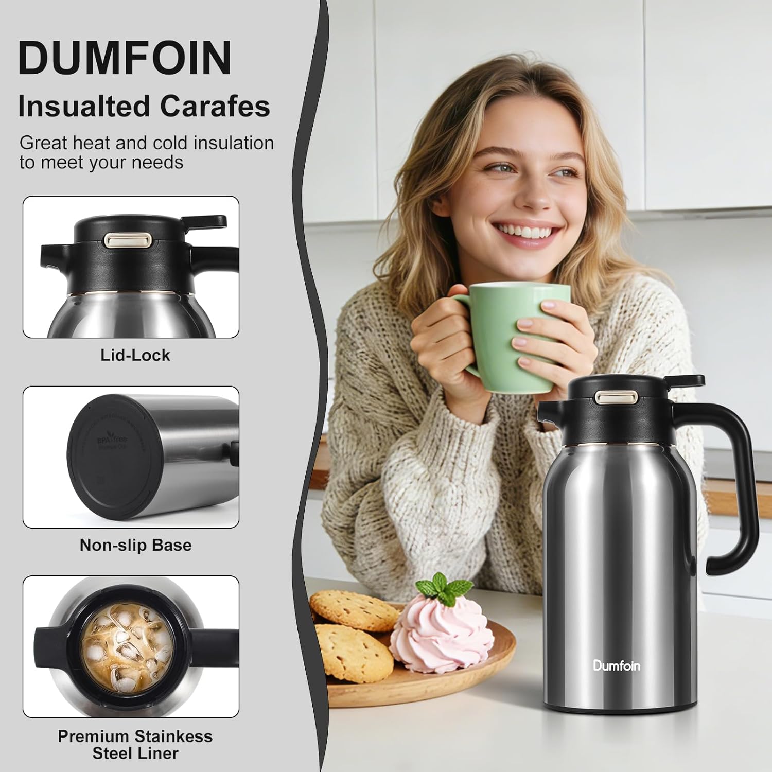 68 Oz Thermal Coffee Carafe, Stainless Steel Insulated Vacuum Coffee Carafes For Keeping Hot Liquid Thermal Pot Creamer Pitcher Dispenser(Silver/Silver)