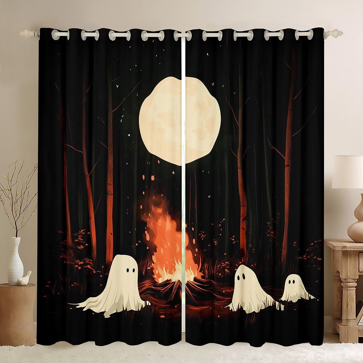 Manfei Rustic Ghsots Curtains,Kids Adults Teens Room Decor Halloween Jungle Gothic Night Boys Girls Window Treatment Curtain,Wild Trees Campfire Window Drapes,Top 2 Panel,38Wx45L