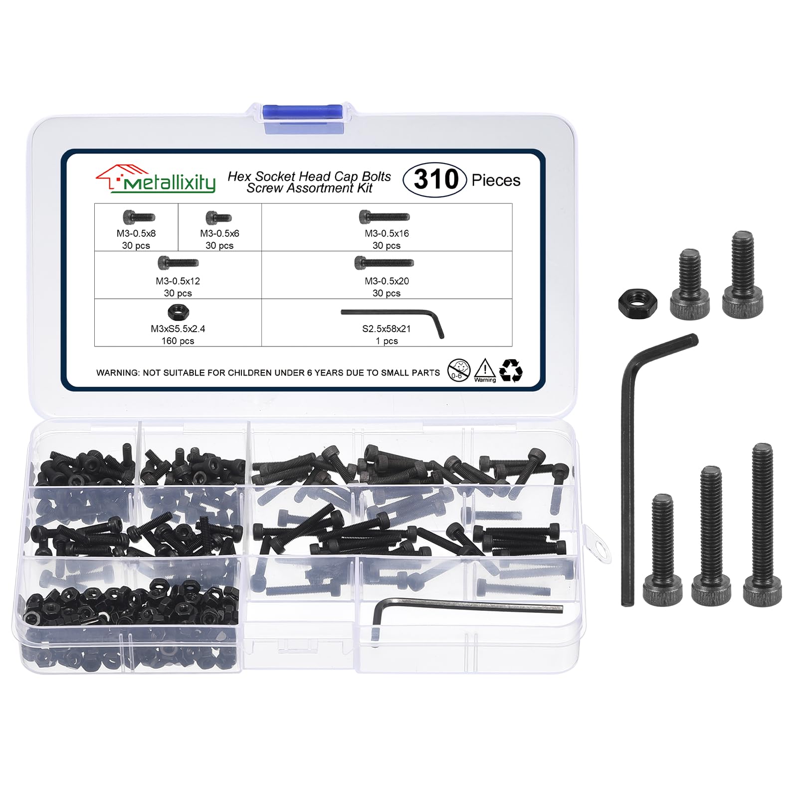 METALLIXITY Hex Socket Head Screws Kit (M3x6/8/12/16/20mm) 310Pcs, with Nut Wrench Carbon Steel Allen Socket Drive Metric Black Oxide - Machine Grade 12.9 Internal Hex Screw, Black