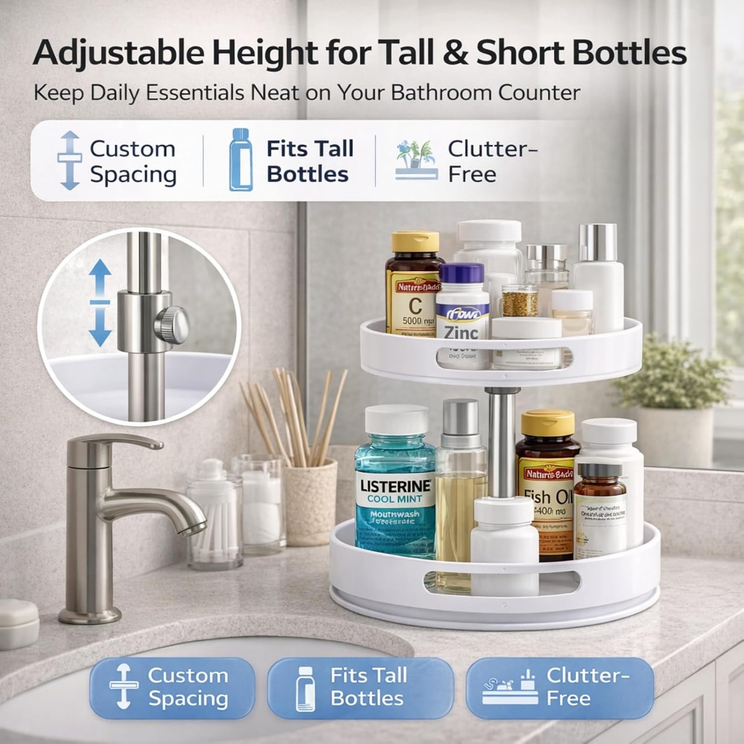 Pill Bottle Organizer,2 Tier Lazy Susan Organizer,Rotating Spice Rack Organizers for Cabinet,Turntable Organization and Storage for Medicine Cabinet Bottle Pantry Countertop
