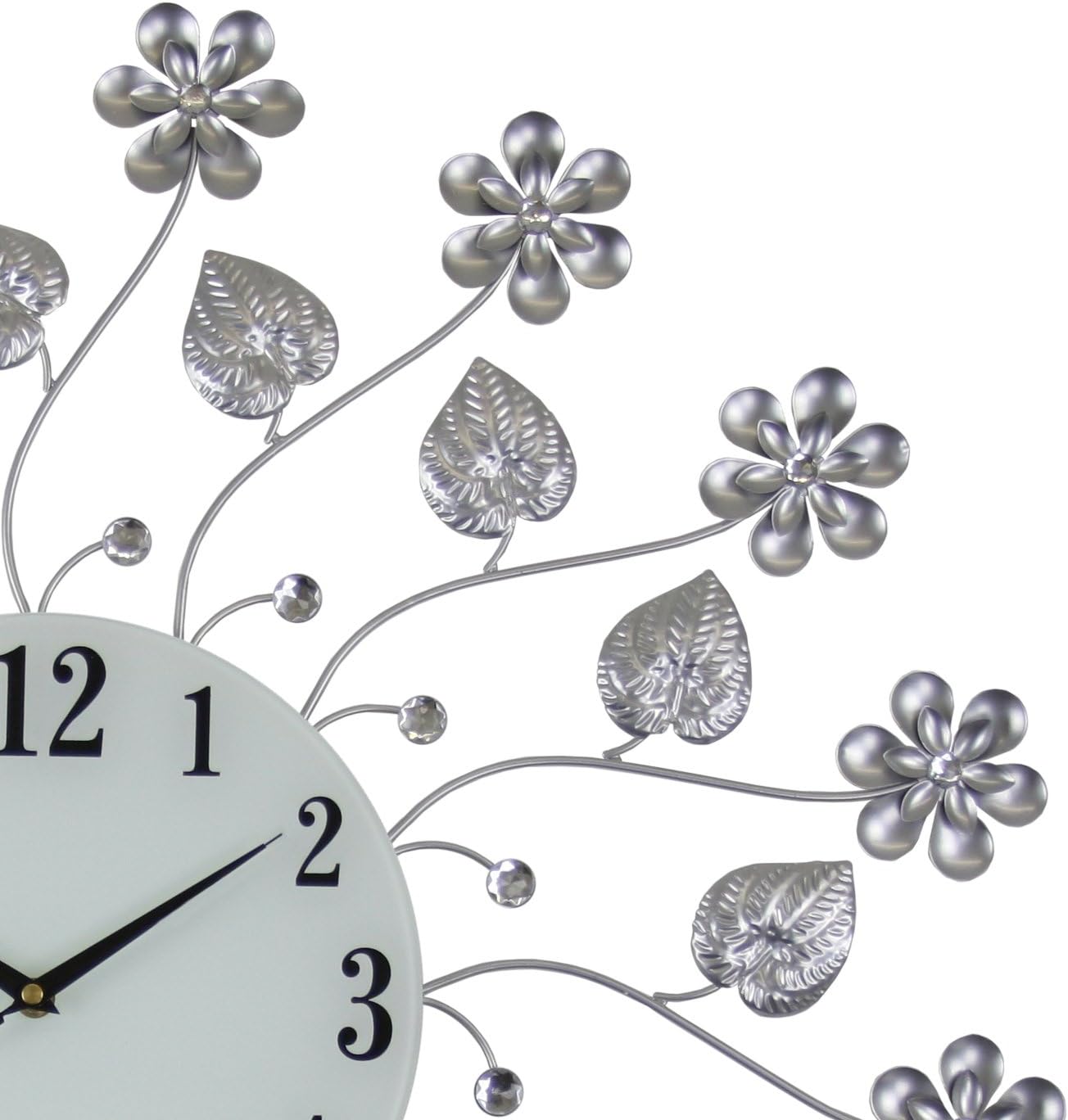Large Silver Leaf and Flower with Crystal Accent Wall Clock