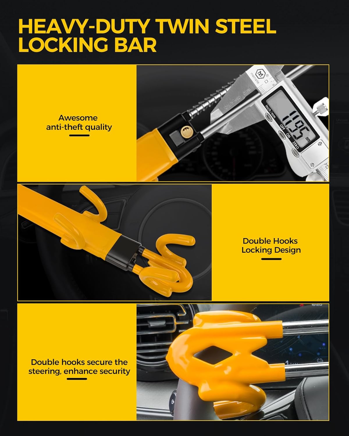 SEALIGHT Steering Wheel Lock Anti-Theft Car Device, Adjustable Steering Wheel Lock for Cars, Double Hooks & Heavy Duty Car Security Lock for Cars Trucks Vans SUV(with 2 Keys)