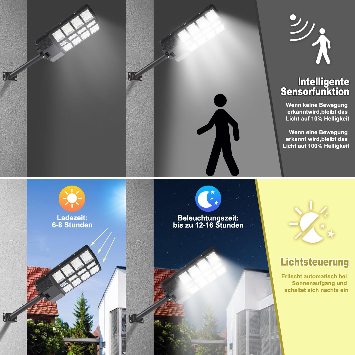 LED Solar Straßenlaterne 400W, Solarlampen für Außen, Solarbetriebene 6500K Straßenlampe Wandleuchte mit Bewegungsmelder Sensor, Außen Wegeleuchte im Freien Straßenleuchte,4 Stück