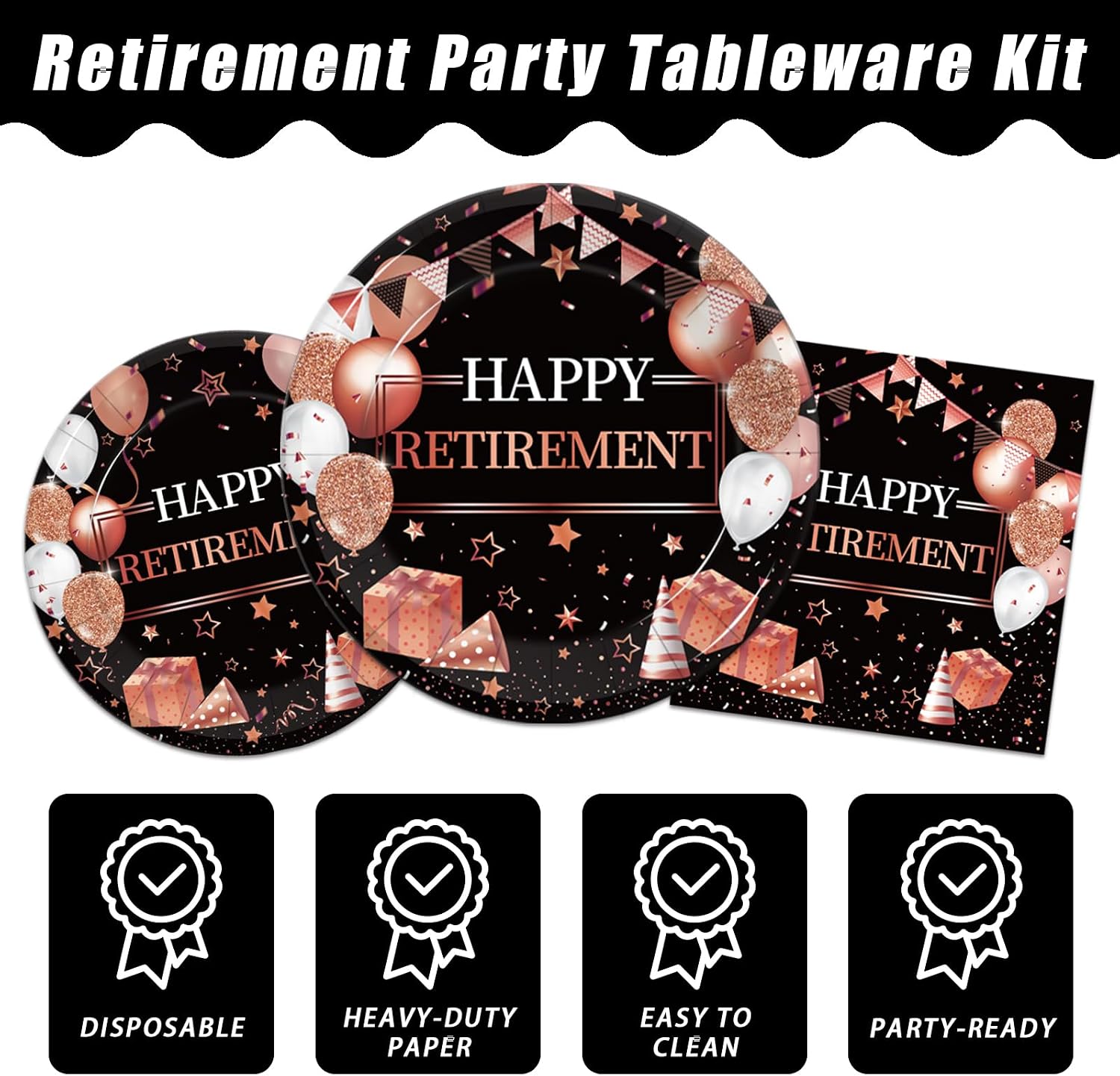Kepeel 168 Pcs Retirement Party Supplies, Rose Gold Happy Retirement Party Decorations for Women Retired Paper Plates Napkins Cups, Plastic Forks Knives Spoons for Going Away Decorations