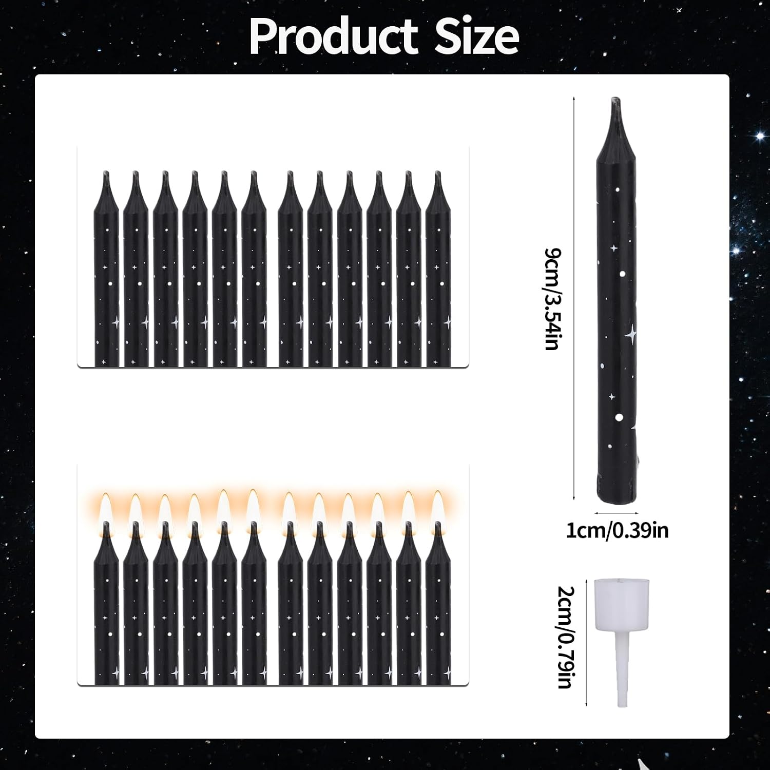 12pcs Birthday Cake Candles, Black Long Galaxy Star Space Cupcake Candles