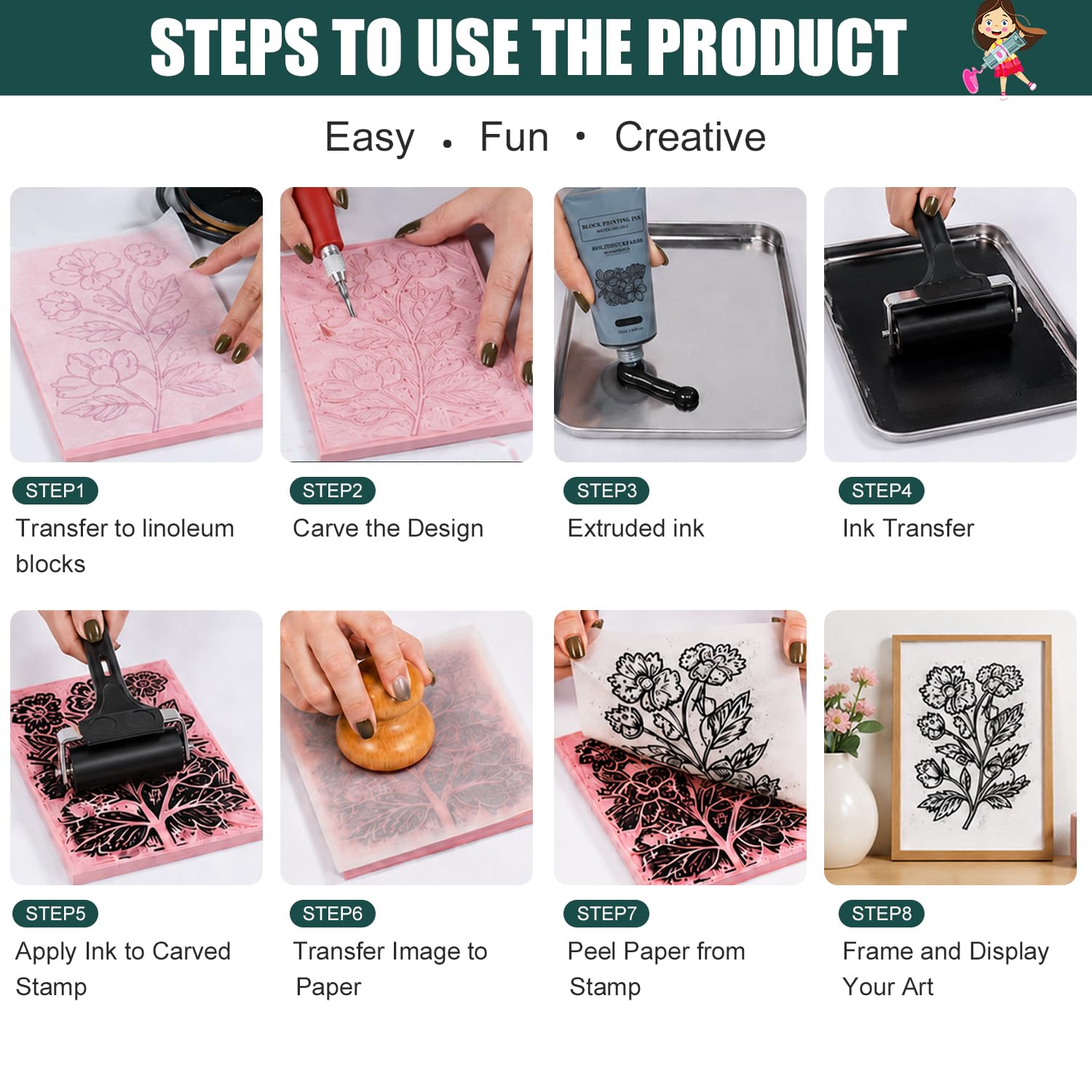 50er/set Lino-Schneid und Druckset, Blockdruck Set mit Tinte für Einsteiger