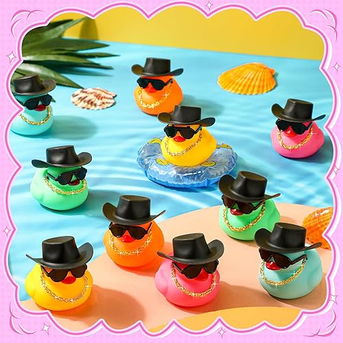 Miniatura 3 de Sotiff Juego de 48 juegos de pato chirriante de goma vaquera para fiesta de baño, patitos para decoración de tablero de automóvil, con mini