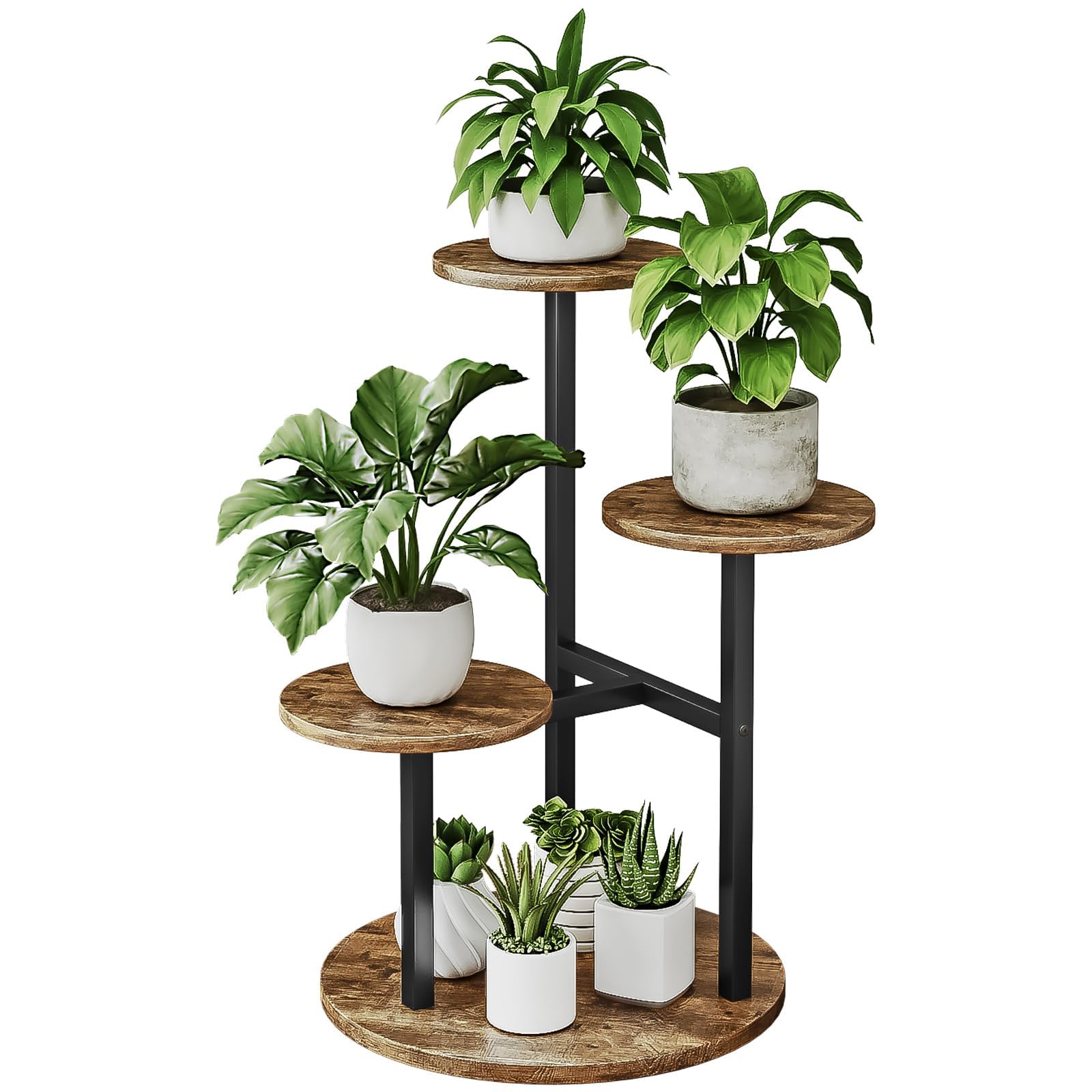 Dazioter Plant Stand Indoor Corner 4 Tier Metal Plant Shelf for Multiple Plants Round Flower Stand for Bedroom Patio Garden Balcony Living Room Black (Black+Rustic Brown, 4 Tier)
