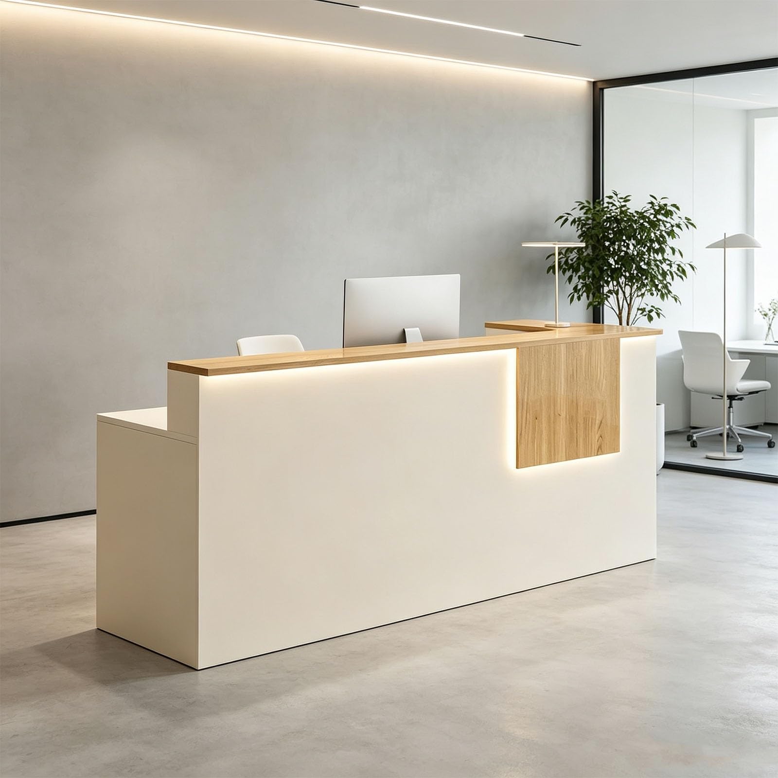 Mostrador Recepción con Cajón con Llave Mostradores para Tiendas | Mesa de Oficina Superficie amplia con estantes, bandeja para teclado para recepción y oficina.(Natural wood/Right,120cm)