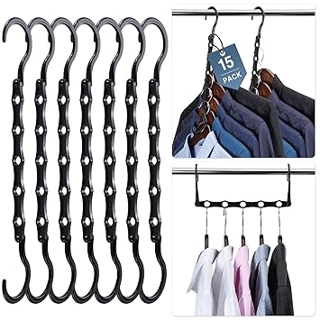 Boxusa 15 Pack Space Saving Hangers Black Plastic Clothes Hangers for Heavy Clothes, Magic Space Saving Hangers College Dorm Room Essentials, Wardrobe Clothes Organizer and Storage