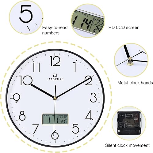 Miniatura 6 de Lafocuse Reloj de pared negro con fecha, mes, día de la semana y temperatura, silencioso sin tictac, funciona con pilas, para decoración de sala de