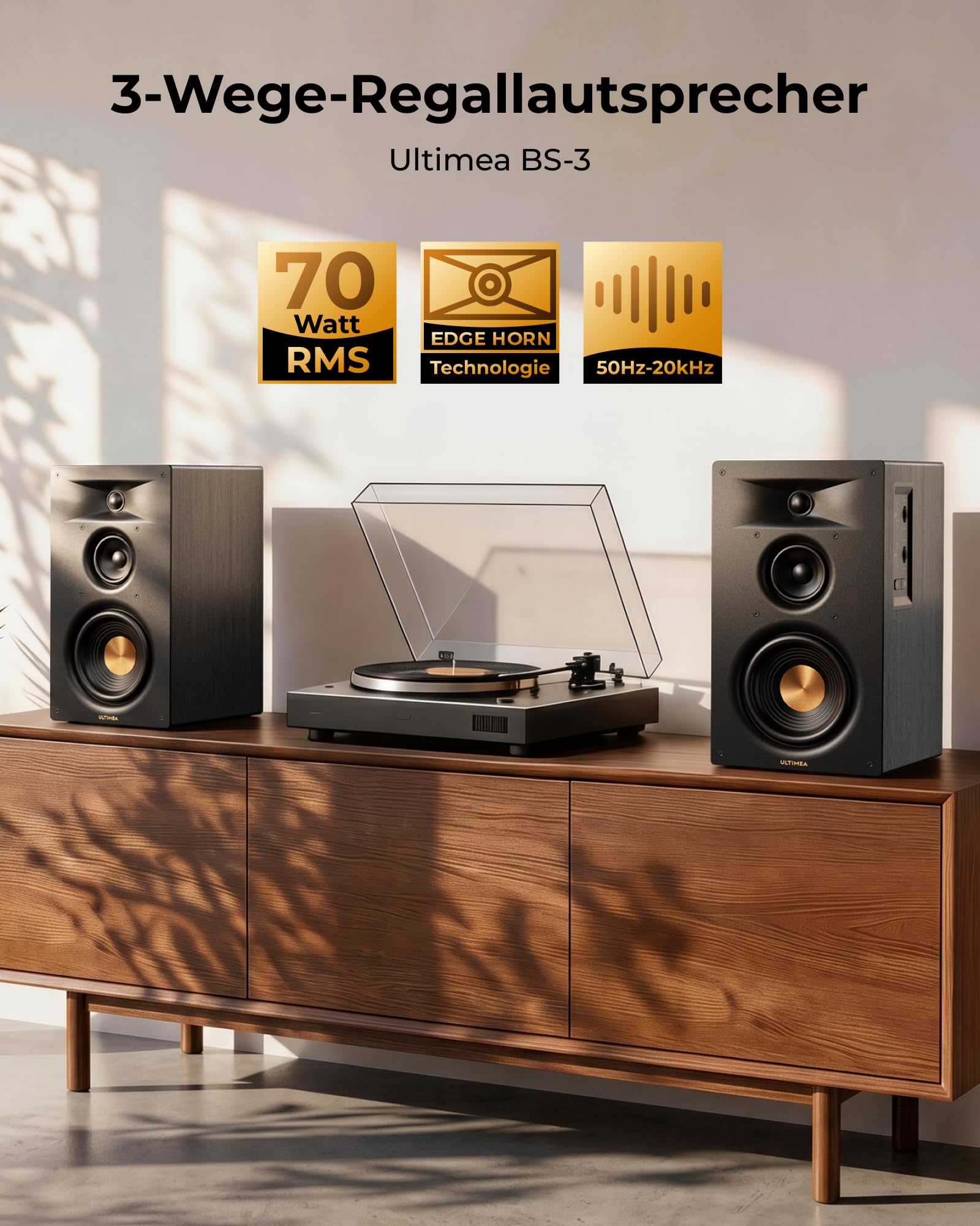 ULTIMEA Aktive 3-Wege-Regallautsprecher, 70W RMS Aktivlautsprecher mit 5,25" Tieftöner, App, Bluetooth 6.0, HDMI ARC, mit Subwoofer-Ausgang für Heimkino, TV, PC & Plattenspieler, Studio Monitor, BS-3