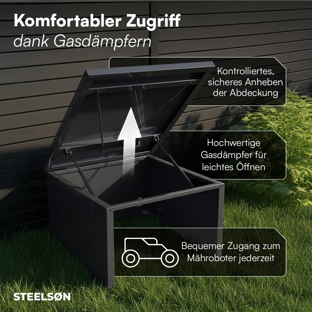 STEELSØN Drakon Mähroboter Garage Anthrazit – Rasenmähroboter Überdachung aus verzinktem Metall – Rasenroboter Haus mit Pultdach – Rasenmäher Garage UV-/wetterbeständig – für gängige Roboter Modelle