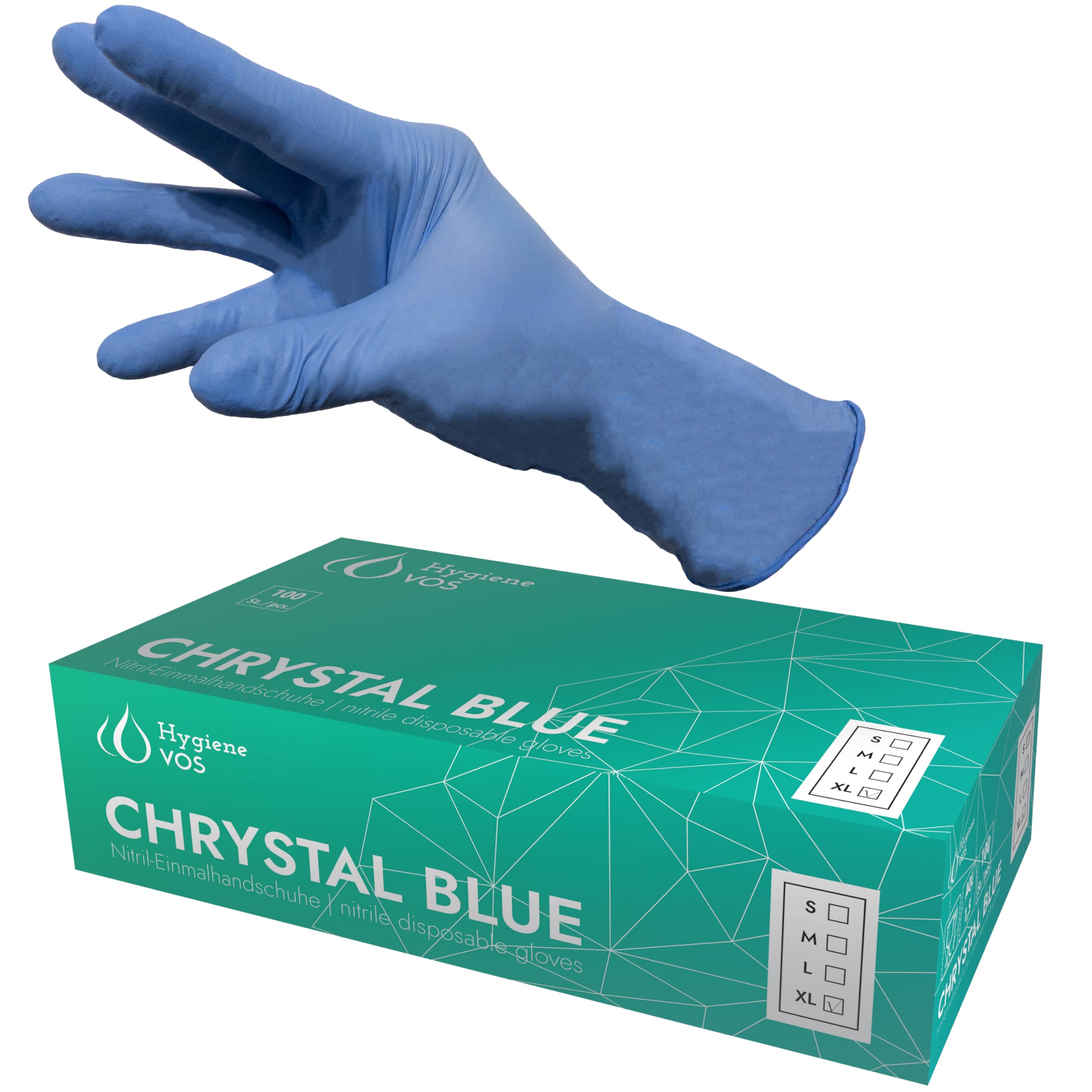 Hygiene VOS Nitril Einweghandschuhe Chrystal Blue – 10 Boxen à 100 Stück, Puderfrei & Latexfrei, Chemikalienbeständig & Durchstichfest, EN 455 & EN ISO 374, Größen S, M, L, XL (XL)