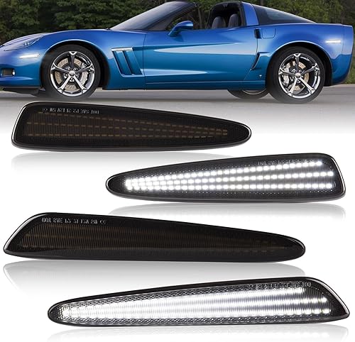 Gempro Luces LED blancas de señal de estacionamiento para guardabarros delanteros y traseros para Chevy Corvette C6 2005-2013, lente ahumada, 4